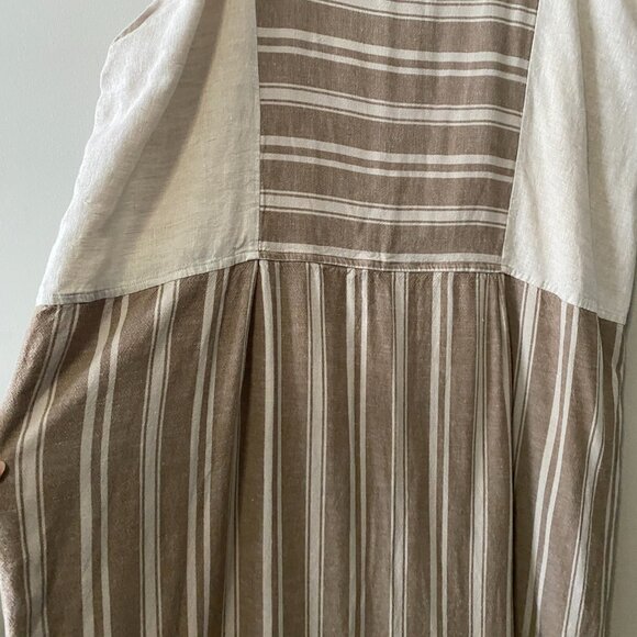 Handmade Plus Size Cotton Linen Patch Pockets Neutrals Brown Stripes Dress - Picture 9 of 15